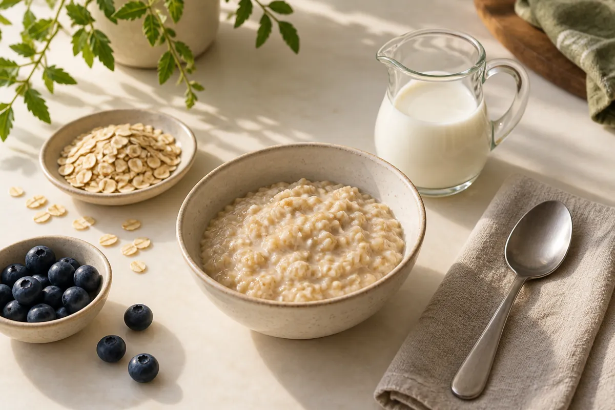 Oatmeal, milk and blueberries on a morning breakfast table