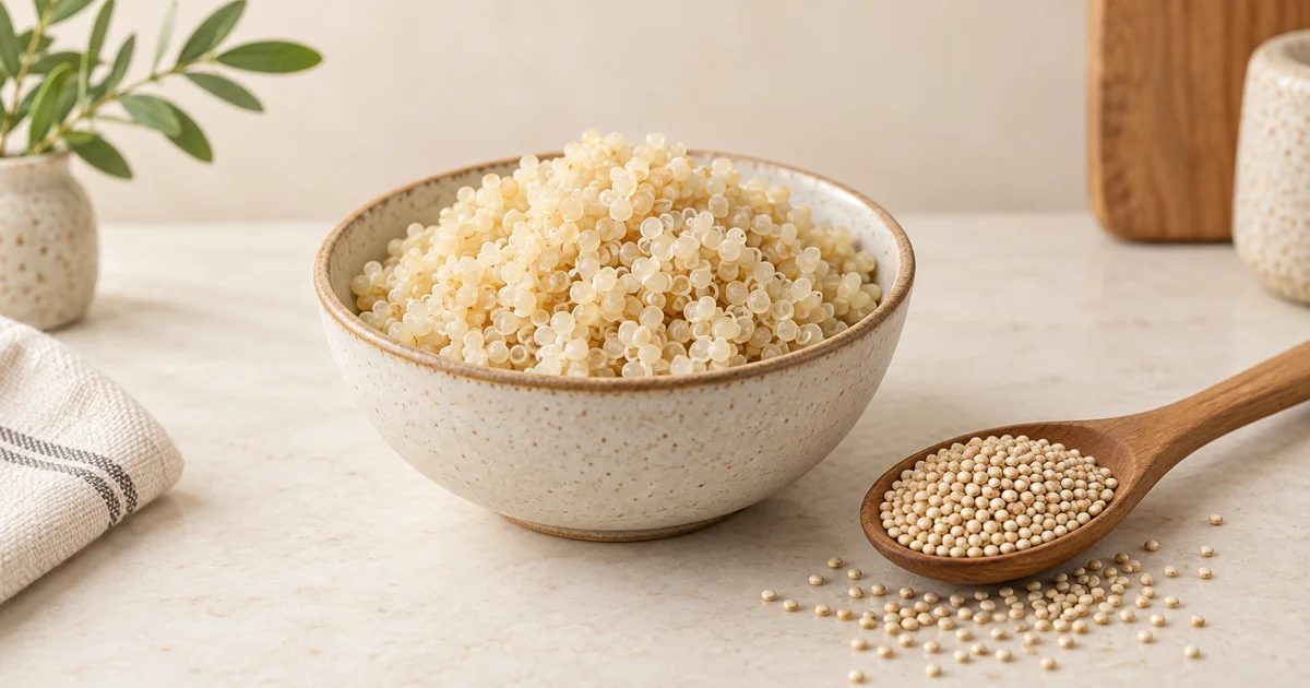 Cooked quinoa in a bowl beside dry quinoa on a spoon